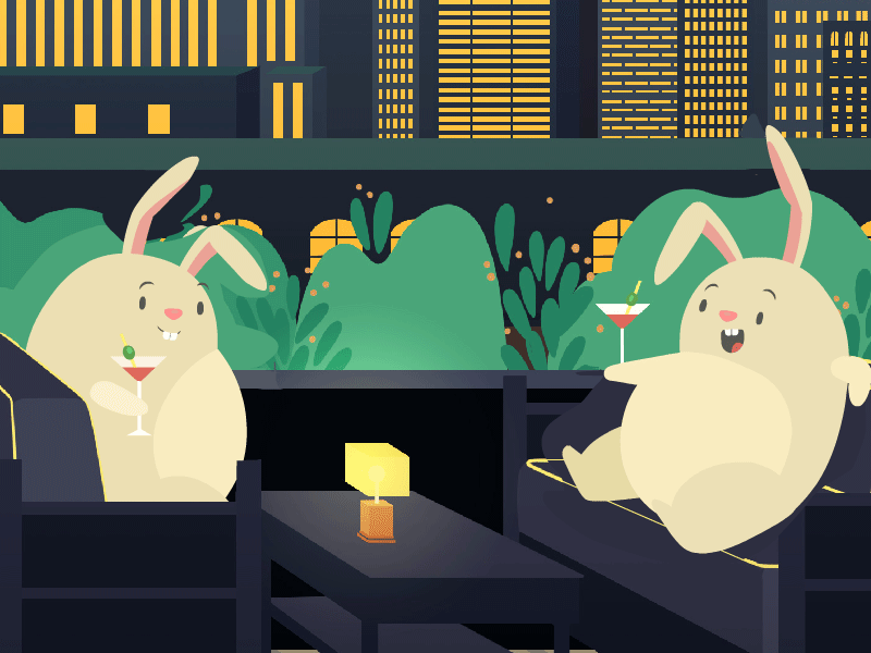 Анимация Два кролика сидят за столиком и беседуют, by Juan Pontaroli, гифка Два кролика сидят за столиком и беседуют, by Juan Pontaroli