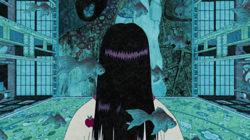 Анимация Мимо девушки с длинными темными волосами проплывают рыбы, кадры из аниме Мононокэ / Mononoke, гифка Мимо девушки с длинными темными волосами проплывают рыбы, кадры из аниме Мононокэ / Mononoke