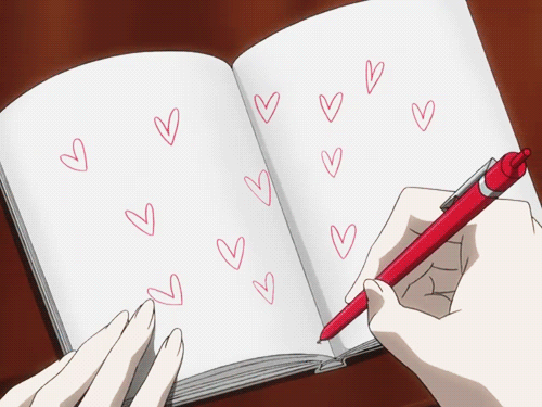 Анимация Девушка рисует сердечки в тетради, гифка Девушка рисует сердечки в тетради