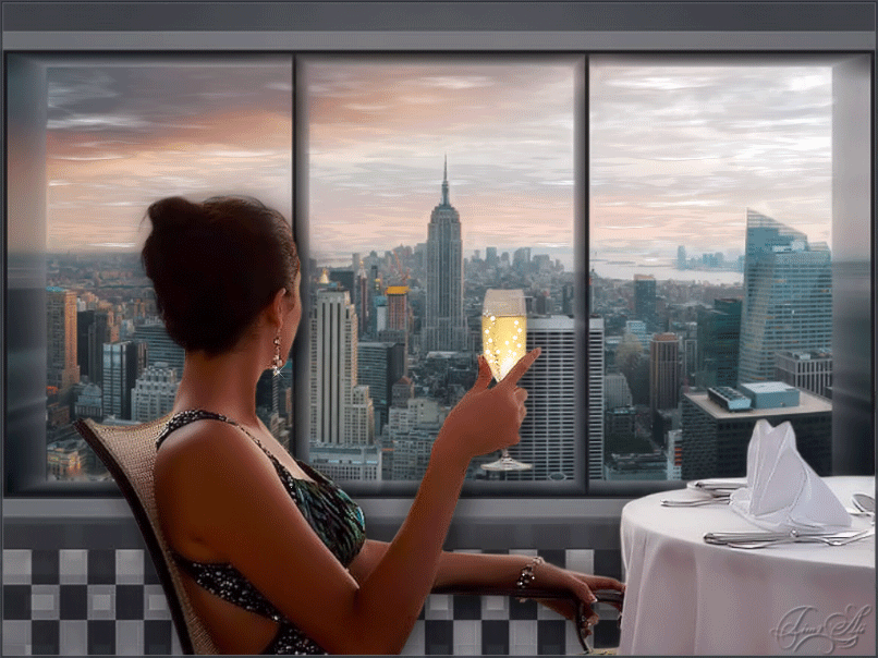 Анимация Девушка с бокалом шампанского, сидя за столом, смотрит в окно, by tim2ati, гифка Девушка с бокалом шампанского, сидя за столом, смотрит в окно, by tim2ati