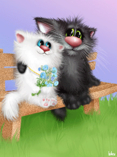 Анимация Кошечка и кот обнимаются на скамейке, гифка Кошечка и кот обнимаются на скамейке