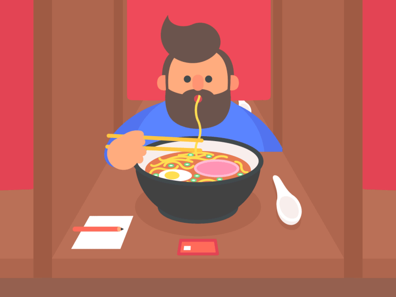 Анимация Бородатый мужчина с аппетитом ест лапшу, гифка Бородатый мужчина с аппетитом ест лапшу
