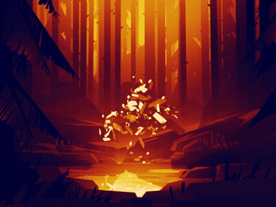 Анимация Золотое свечение над водой в ночном лесу, by Mikael Gustafsson, гифка Золотое свечение над водой в ночном лесу, by Mikael Gustafsson