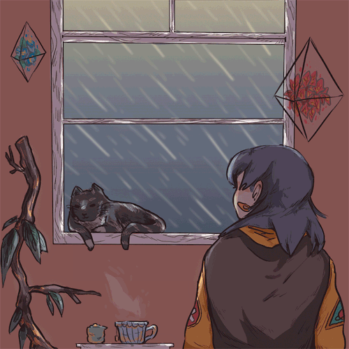 Анимация Девушка смотрит на дождь за окном, гифка Девушка смотрит на дождь за окном