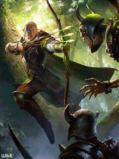 Анимация Эльф в лесу с заряженным луком сражается с двумя мертвецами, гифка