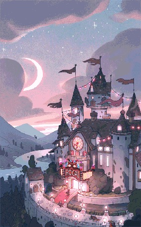 Анимация Замок с вывеской (Rocat) и мигающими лампочками, by Matt Rockefeller