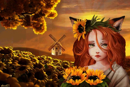 Анимация Девочка-лисичка с подсолнухами на фоне мельницы, by abcd21