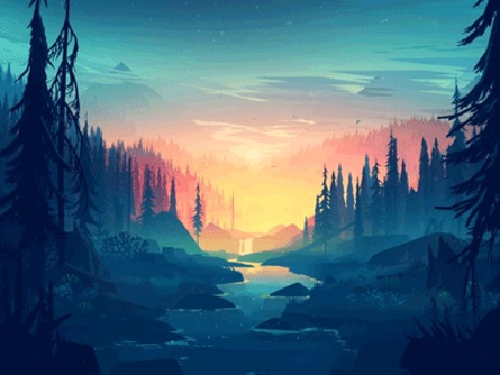 Анимация Лес с рекой на восходе солнца, by Mikael Gustafsson