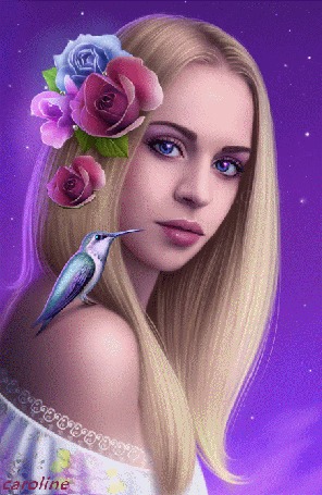 Анимация Девушка с цветами в волосах и с птицей на плече, автор Caroline