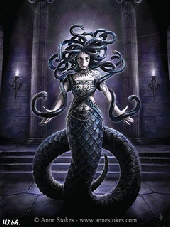 Анимация Медуза Горгона в своем жилище, art by Anne Stokes