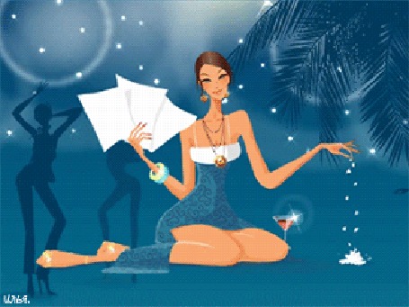 Анимация Сидящая под пальмой под звездным небом с неподалеку танцующими двумя девушками и рядом стоящим бокалом вина девушка, держит в правой руке три целых листа бумаги, а в левой разорванную бумагу и бросает ее на землю