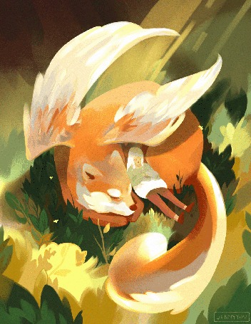 Анимация Девочка спит рядом со сказочной лисой с крыльями, by Jenny Yuu