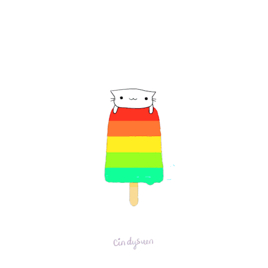 Анимация Белый котик на мороженом, на арбузе и на надувном фламинго, by cindysuen, гифка Белый котик на мороженом, на арбузе и на надувном фламинго, by cindysuen