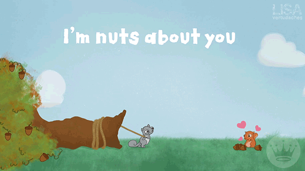 Анимация Белка тащит дерево с орешками для своей любимой - Im nuts about you / Я по тебе с ума схожу, by Lisa Vertudaches, гифка Белка тащит дерево с орешками для своей любимой - Im nuts about you / Я по тебе с ума схожу, by Lisa Vertudaches