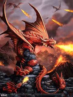 Гиф анимация Мама-дракон сидит рядом со своими малышами, а также яйцами  этих драконов и извергает огонь. Картинка автора Anne Stokes