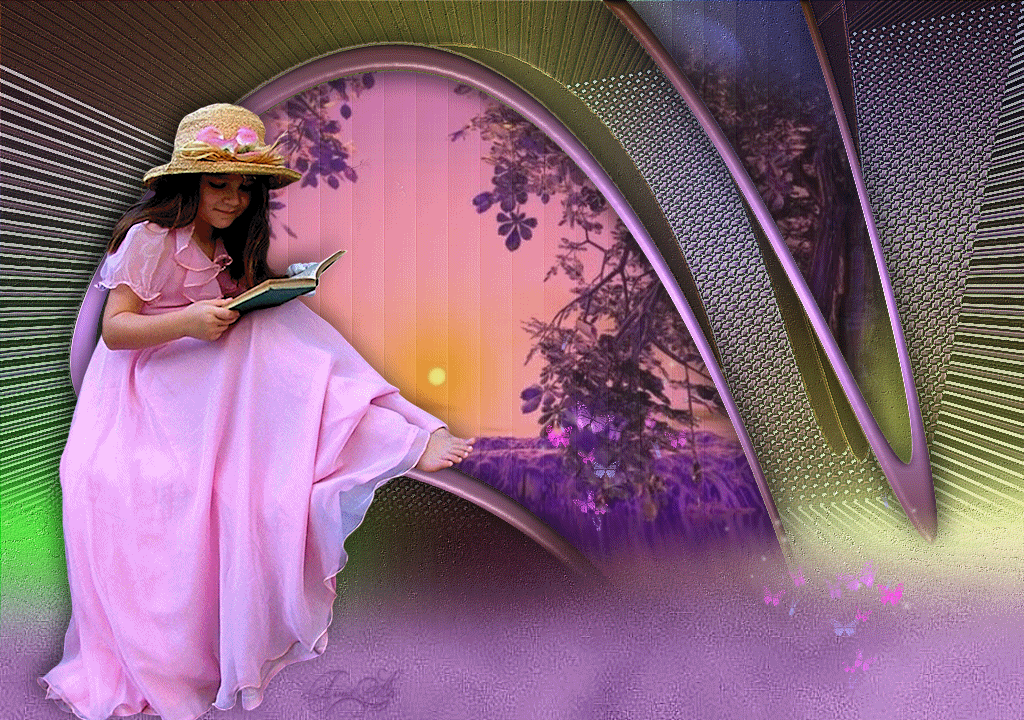 Анимация Милая девчушка в длинном розовом платье и соломенной шляпке читает книжку, рядом порхают бабочки, гифка