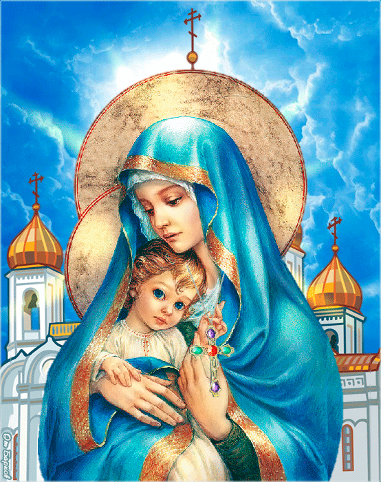 Анимация Мадонна с младенцем и покачивающимся на шее крестом, на фоне церкви и ясного неба, гифка Мадонна с младенцем и покачивающимся на шее крестом, на фоне церкви и ясного неба