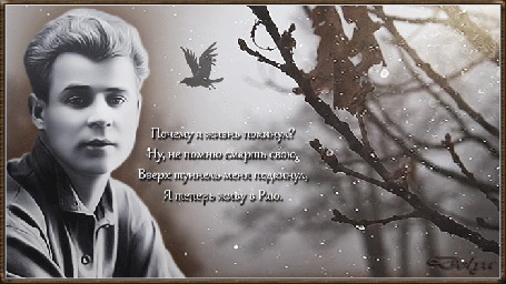 Анимация Сергей Есенин сидит у осеннего дерева. Над головой летает ворон, метет пурга. (Почему я жизнь покинул? Ну, не помню смерть свою, Вверх туннель меня подкинул, Я теперь живу в Раю.)