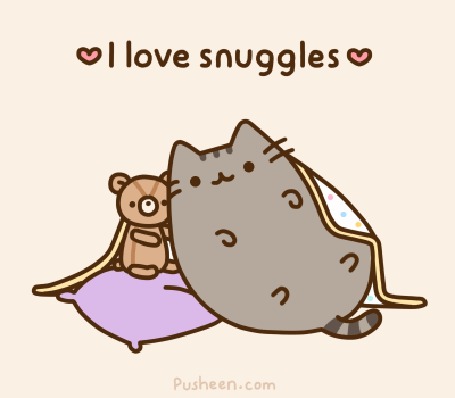 Анимация Кот Pusheen / Пушин прижимается к игрушечному медвежонку (I love snuggles / Я люблю прижиматься)