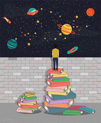 Анимация Парень стоит на стопке книг, смотря на картину с космосом, гифка Парень стоит на стопке книг, смотря на картину с космосом