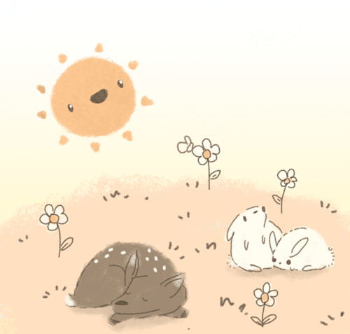 Анимация Два кролика и олененок дремлют на полянке с ромашками под солнышком, гифка Два кролика и олененок дремлют на полянке с ромашками под солнышком