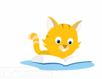 Анимация Рыжий котенок читает книжку, гифка Рыжий котенок читает книжку