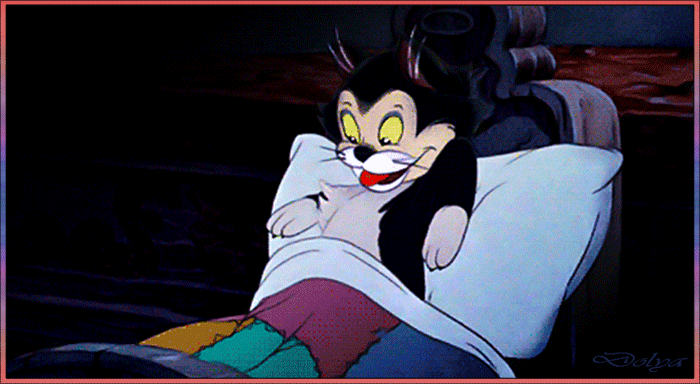 Анимация Котенок Фигаро из мультфильма Пиноккио / Pinocchio ложится спать в кровать, гифка Котенок Фигаро из мультфильма Пиноккио / Pinocchio ложится спать в кровать