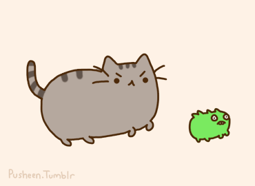 Анимация Pusheen the Cat / Кот Пушин гонится за маленьким зеленым динозавриком, гифка Pusheen the Cat / Кот Пушин гонится за маленьким зеленым динозавриком