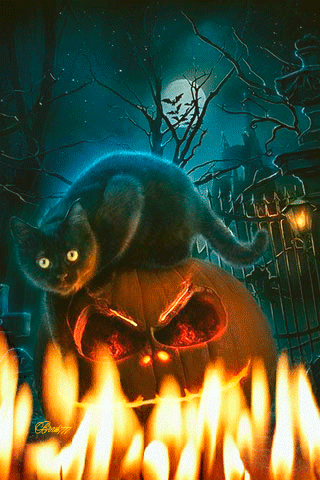 Анимация Черный кот сидит на тыкве перед горящими свечами, автор Brus777, гифка Черный кот сидит на тыкве перед горящими свечами, автор Brus777