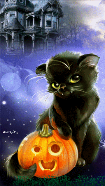 Анимация Черный котенок с праздничной тыквой на фоне старого замка, by maryla, гифка Черный котенок с праздничной тыквой на фоне старого замка, by maryla