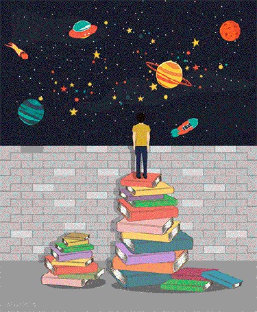 Анимация Парень стоит на стопке книг, смотря на картину с космосом