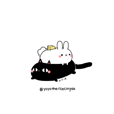 Анимация На черном коте лежит кролик и мышка на кролике, by yoyothericecorpse, гифка На черном коте лежит кролик и мышка на кролике, by yoyothericecorpse
