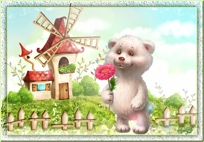 Анимация Мишутка стоит возле дома а в руке у него цветок. by tim2ati, гифка Мишутка стоит возле дома а в руке у него цветок. by tim2ati