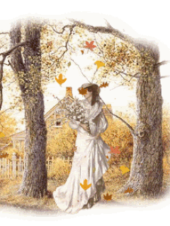 Анимация Дама с цветами под падающими осенними листьями, на фоне дома, гифка Дама с цветами под падающими осенними листьями, на фоне дома