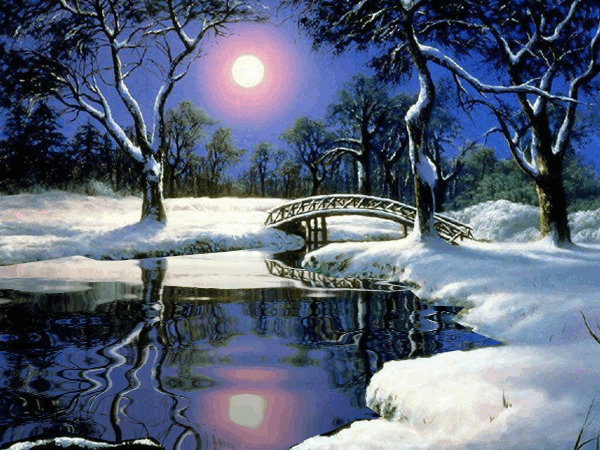 Анимация Солнце над речкой и мостом зимой, исходник от художника Anthony Casay, гифка Солнце над речкой и мостом зимой, исходник от художника Anthony Casay