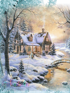 Анимация Дом возле речки зимой, идет снег by Thomas Kinkade, гифка Дом возле речки зимой, идет снег by Thomas Kinkade