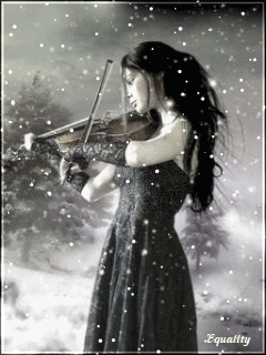 Анимация Девушка играет на скрипке под снегопадом, гифка Девушка играет на скрипке под снегопадом