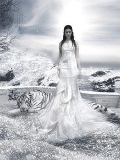 Анимация Девушка и снежный тигр зимой возле реки и гор, гифка Девушка и снежный тигр зимой возле реки и гор