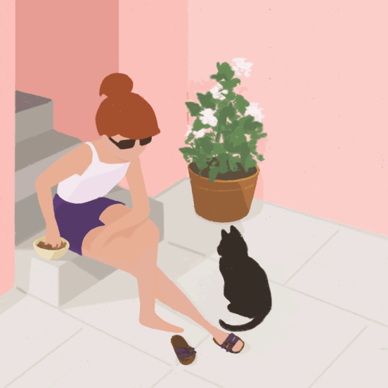 Анимация Девушка сидит на ступеньке и кормит кота, by Dora Vincze, гифка Девушка сидит на ступеньке и кормит кота, by Dora Vincze