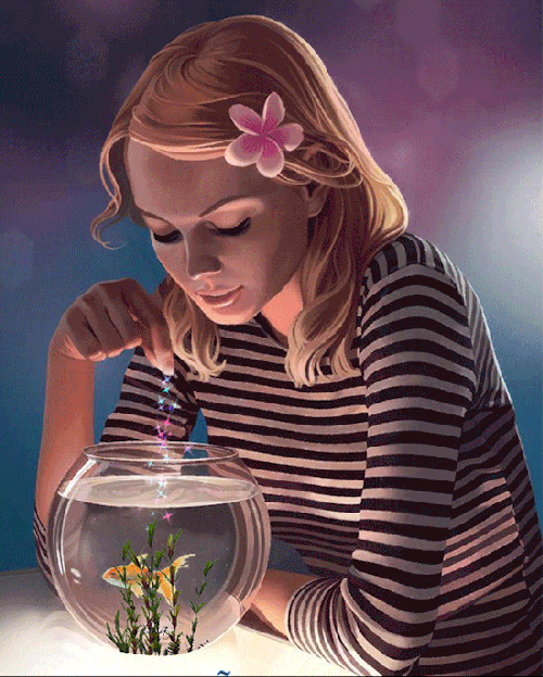 Анимация Девушка с цветом в волосах кормит рыбку в аквариуме, гифка Девушка с цветом в волосах кормит рыбку в аквариуме
