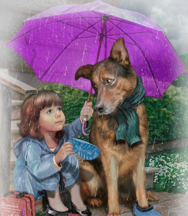 Анимация Девочка сидит под дождем и укрывает зонтиком собачку с шарфом на шее, гифка Девочка сидит под дождем и укрывает зонтиком собачку с шарфом на шее