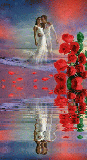 Анимация Влюбленная парочка на фоне неба и алых роз отражаются в воде, гифка Влюбленная парочка на фоне неба и алых роз отражаются в воде