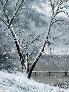 Анимация Дерево возле пруда под падающем снегом, гифка Дерево возле пруда под падающем снегом
