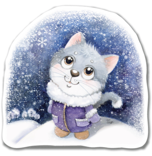 Анимация Котенок в теплой одежде смотрит на падающий снег, гифка Котенок в теплой одежде смотрит на падающий снег