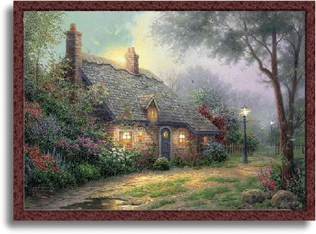 Анимация Дом с садом вечером и фонари art Thomas Kinkade