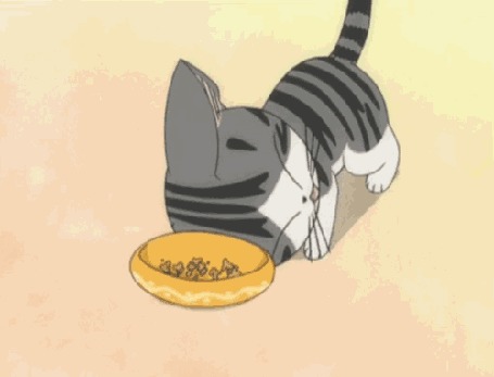 Анимация Котенок Чии подталкивает носом миску с кормом, аниме Chis Sweet Home / Милый дом Чи