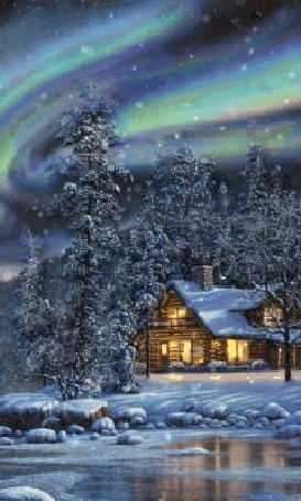 Анимация Северное сияние над лесом и домиком, идет снег, by Thomas Kinkade