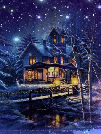 Анимация Дом ночью под снегом, возле реки и моста, by Thomas Kinkade
