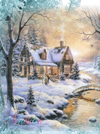 Анимация Дом возле речки зимой, идет снег by Thomas Kinkade