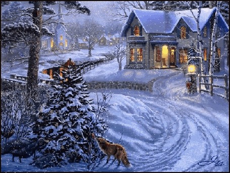 Анимация Снег идет над деревней вечером за елкой спряталась лиса, by Thomas Kinkade